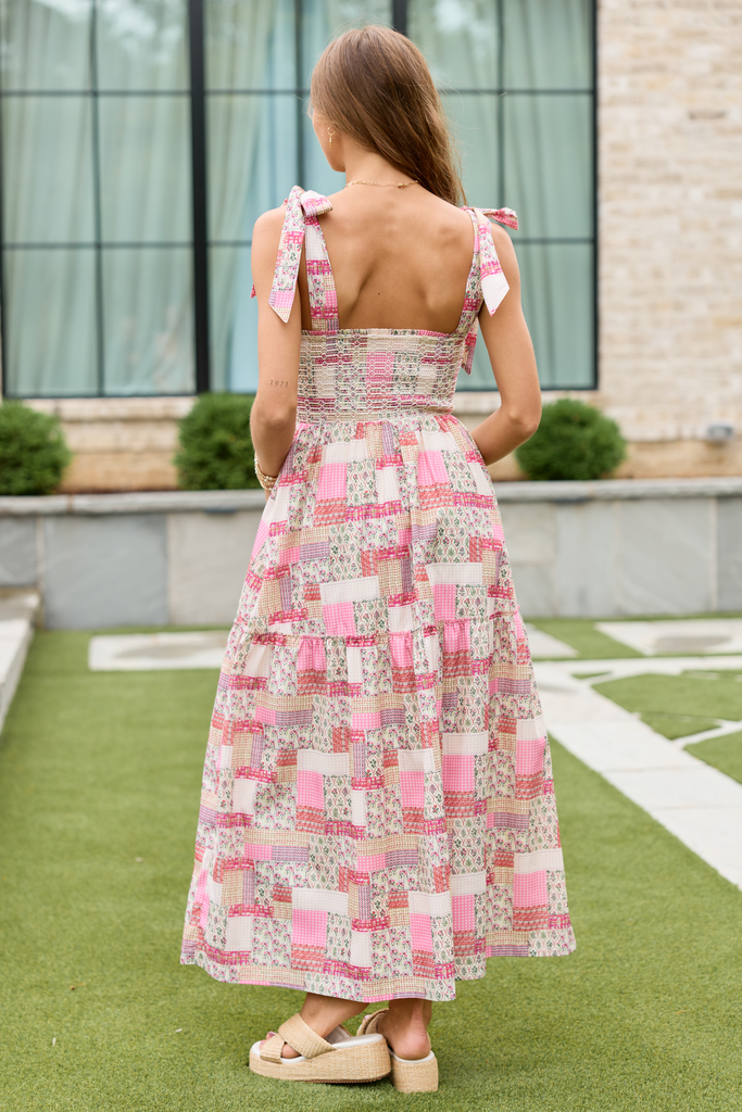 Beth Pink Patchwork Smocked Top Maxi Dress