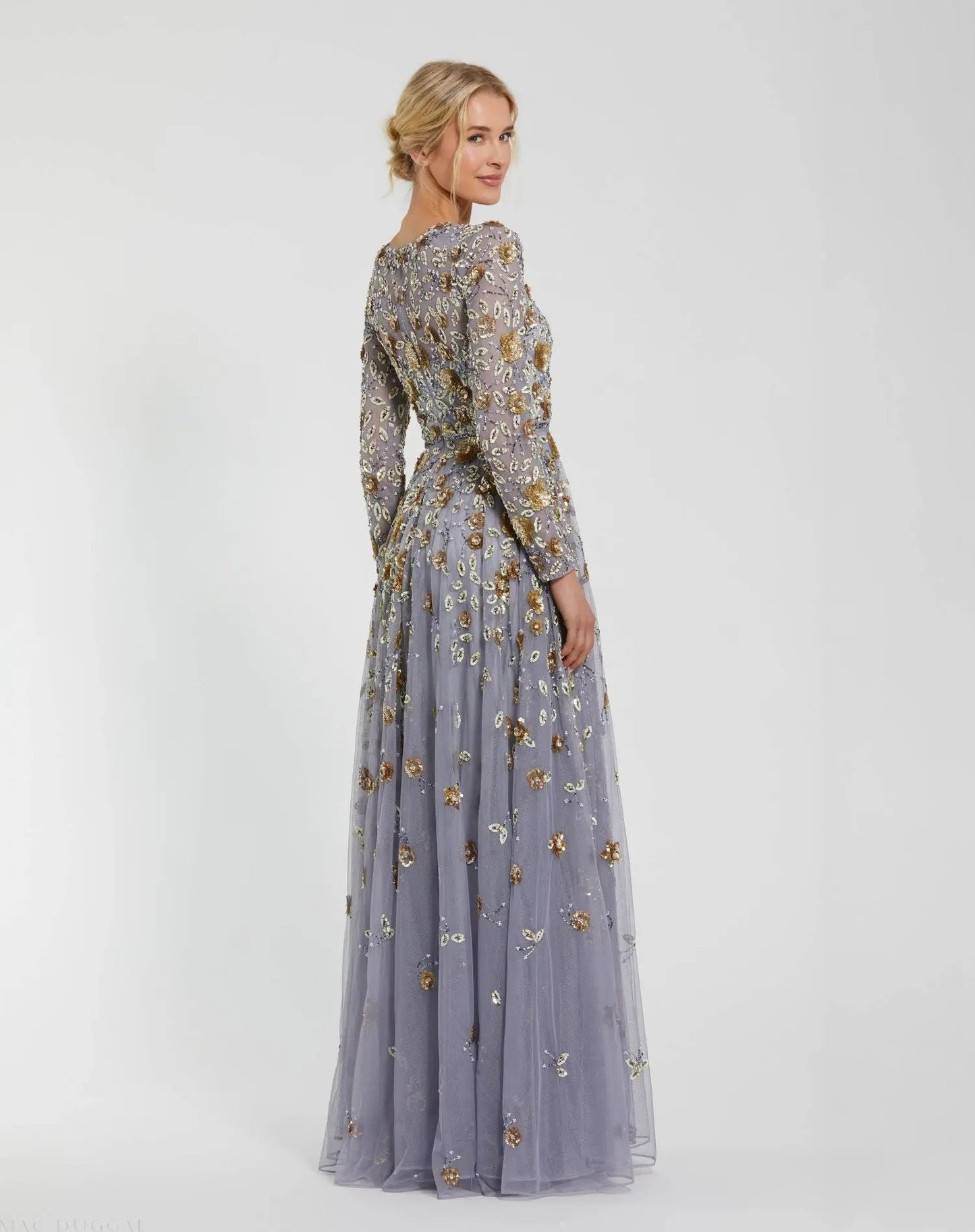Platinum Embellished High Neck Long Sleeve A Line Gown