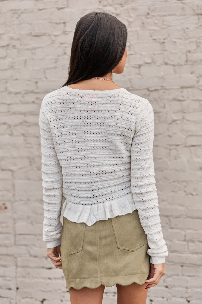 Charlotte Ivory Open Knit Ruffle Trim Sweater SALE