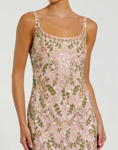 Pink Sleeveless Hand Embellished Floral Maxi Dress