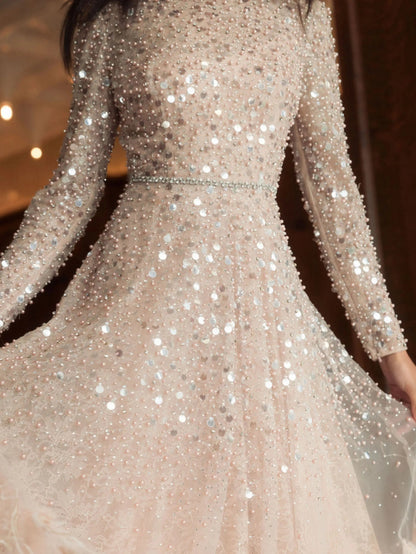Pink Disc Embellished Sequin Gown with Feather Detail