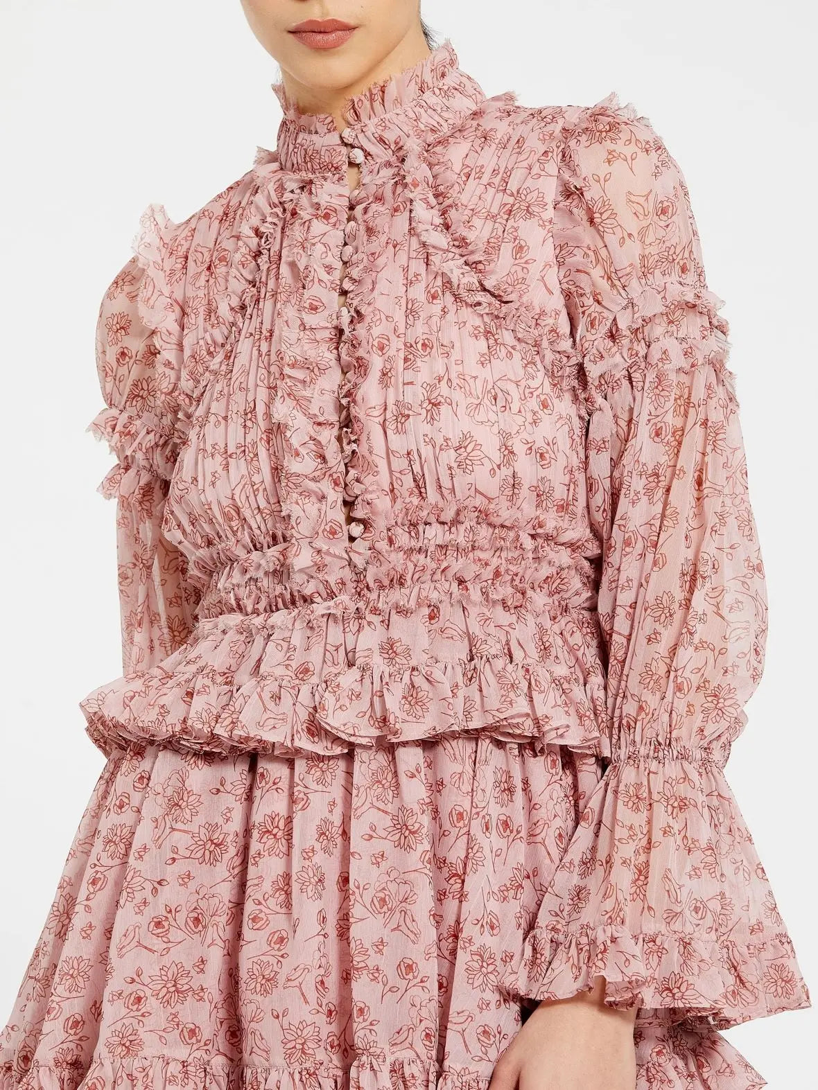 Pink Long Sleeve Mock Neck Ruffle Mini Dress