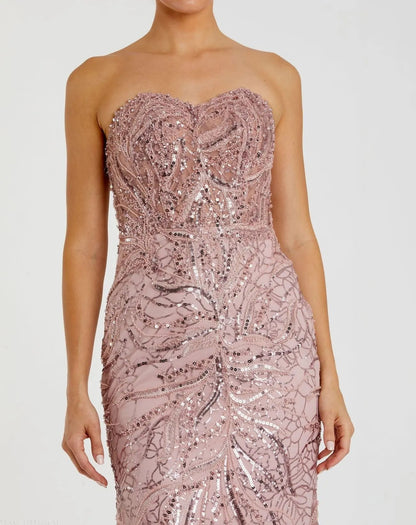Pink Beaded Sequin Strapless Trumpet Gown