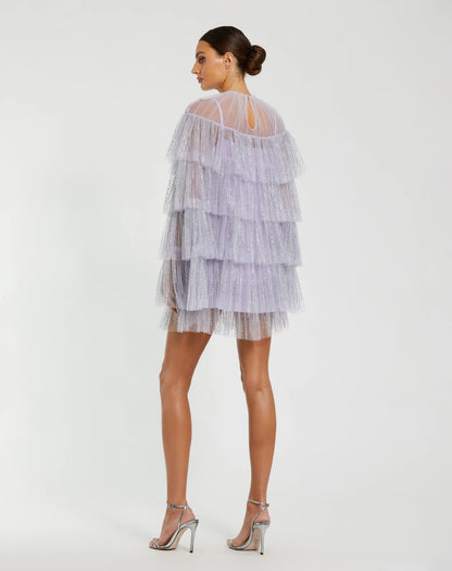 Purple Embellished High Neck Ruffle Mini Dress