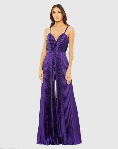 Pleated Plunge Neck Wide Leg Jumpsuit
