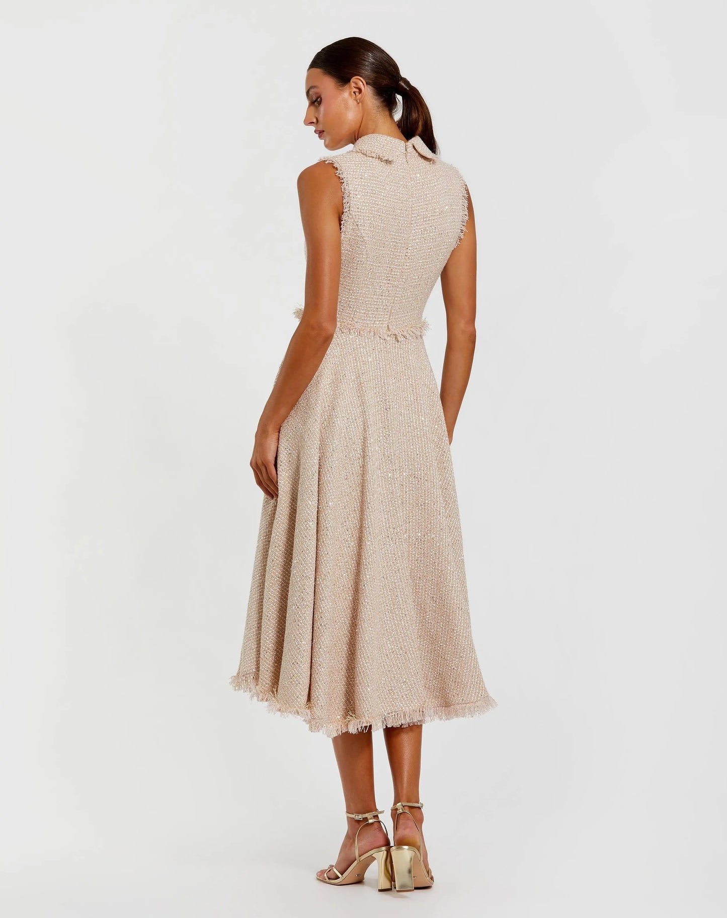 Pink Boucle Sleeveless Collared Button Up Midi Dress