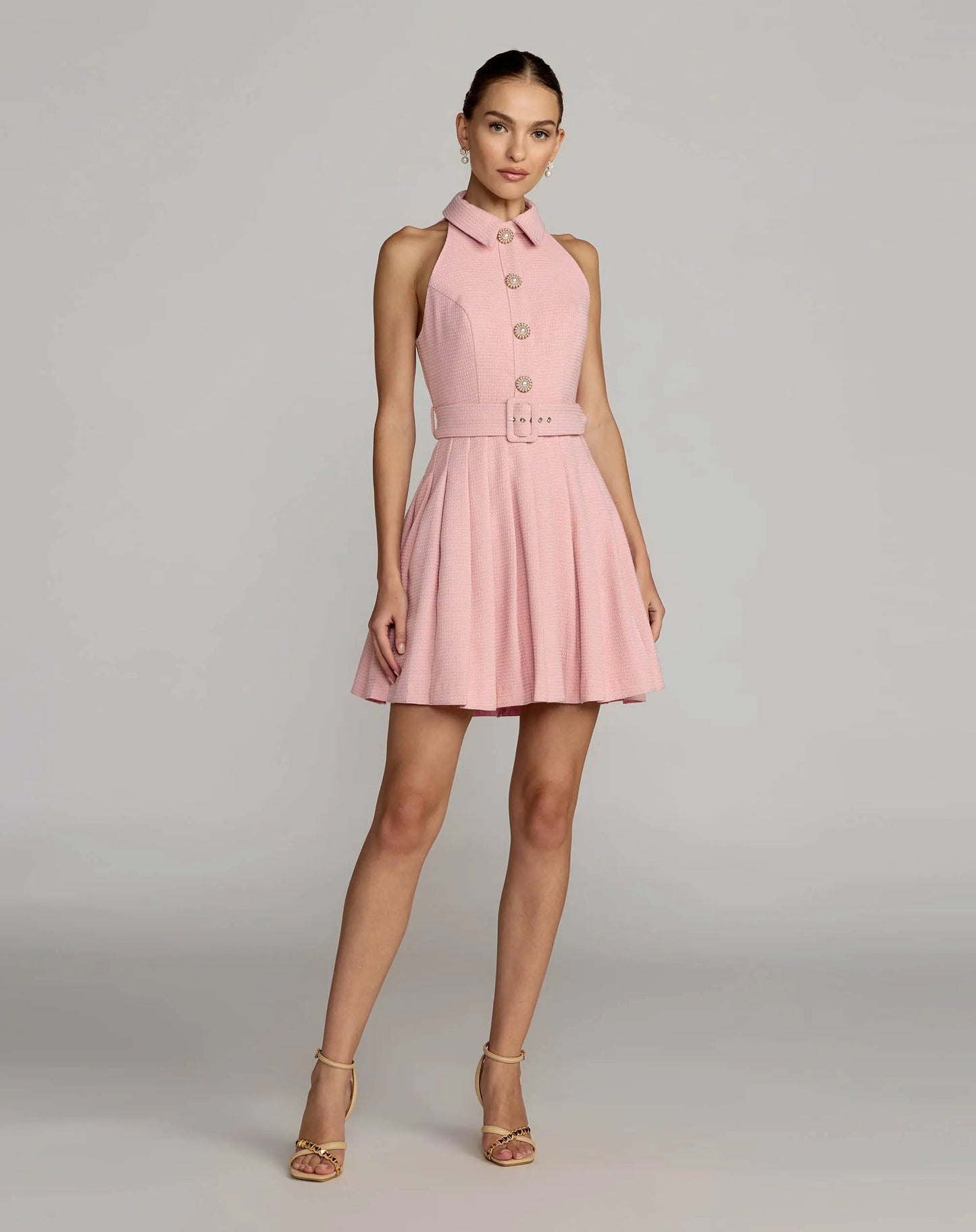 Pleated A Line Mini Dress with Pearl Button Detail