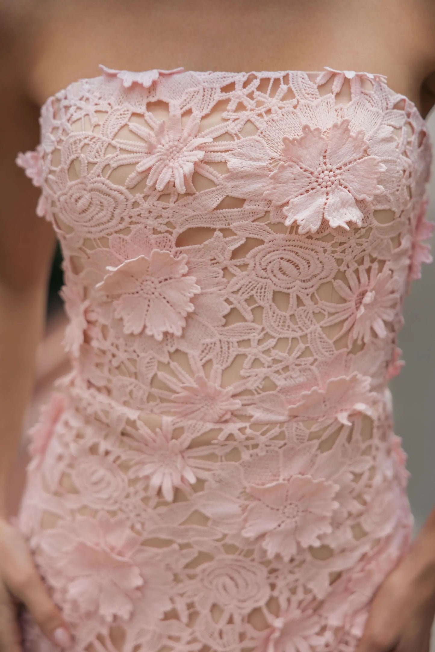 Pink Strapless 3D Floral Midi Dress