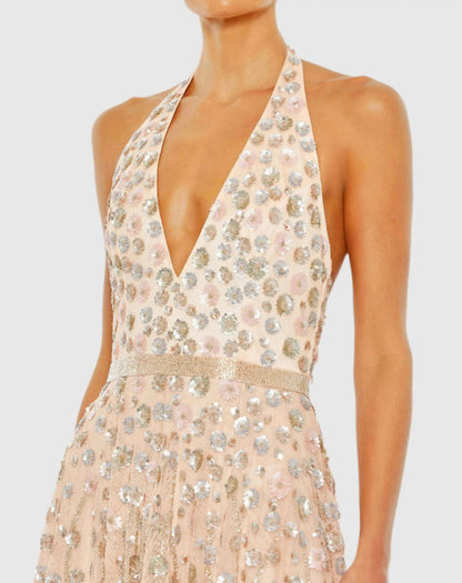Pink Floral Embellished Halter Strap A Line Gown