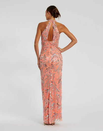 Pink Embellished High Neck Gown with Slit