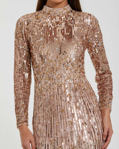 Pink Long Sleeve Fringe Embellished Column Gown