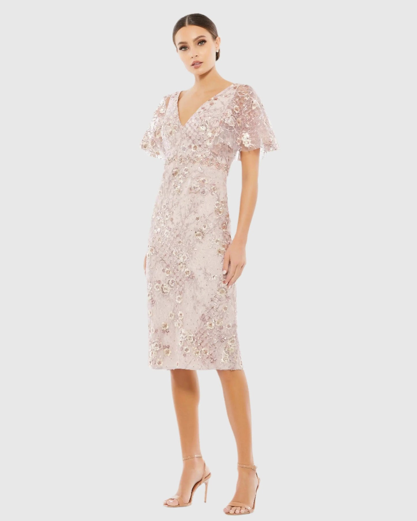 Pink Embellished Illusion Butterfly Sleeve Cocktail Dress