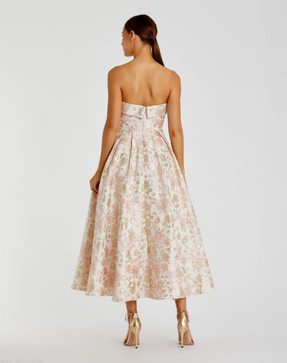 Pink and White Strapless Floral Brocade A Line Midi Dress