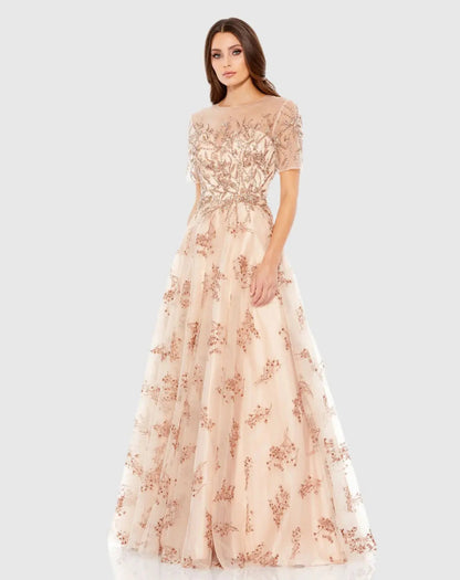 Pink Embellished Illusion Short Sleeve A Line Gown