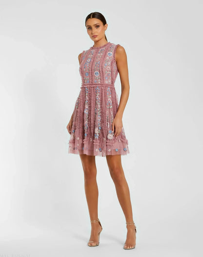 Pink Sleeveless High Neck Embroidered Mini Dress
