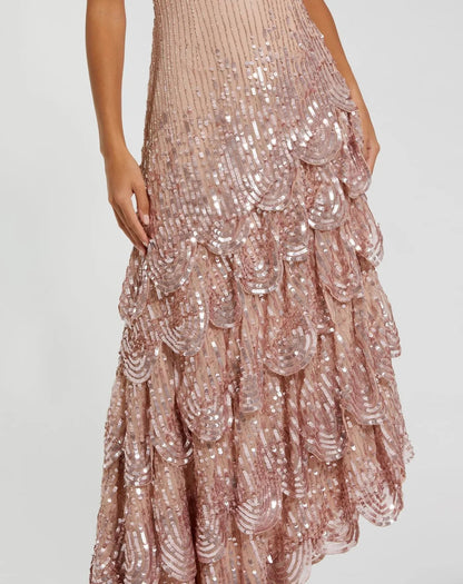 Pink Asymmetrical Scallop Hem Embellished Dress
