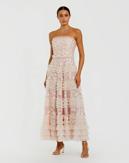 Pink Floral Embroidered Strapless Ruffle Maxi Dress