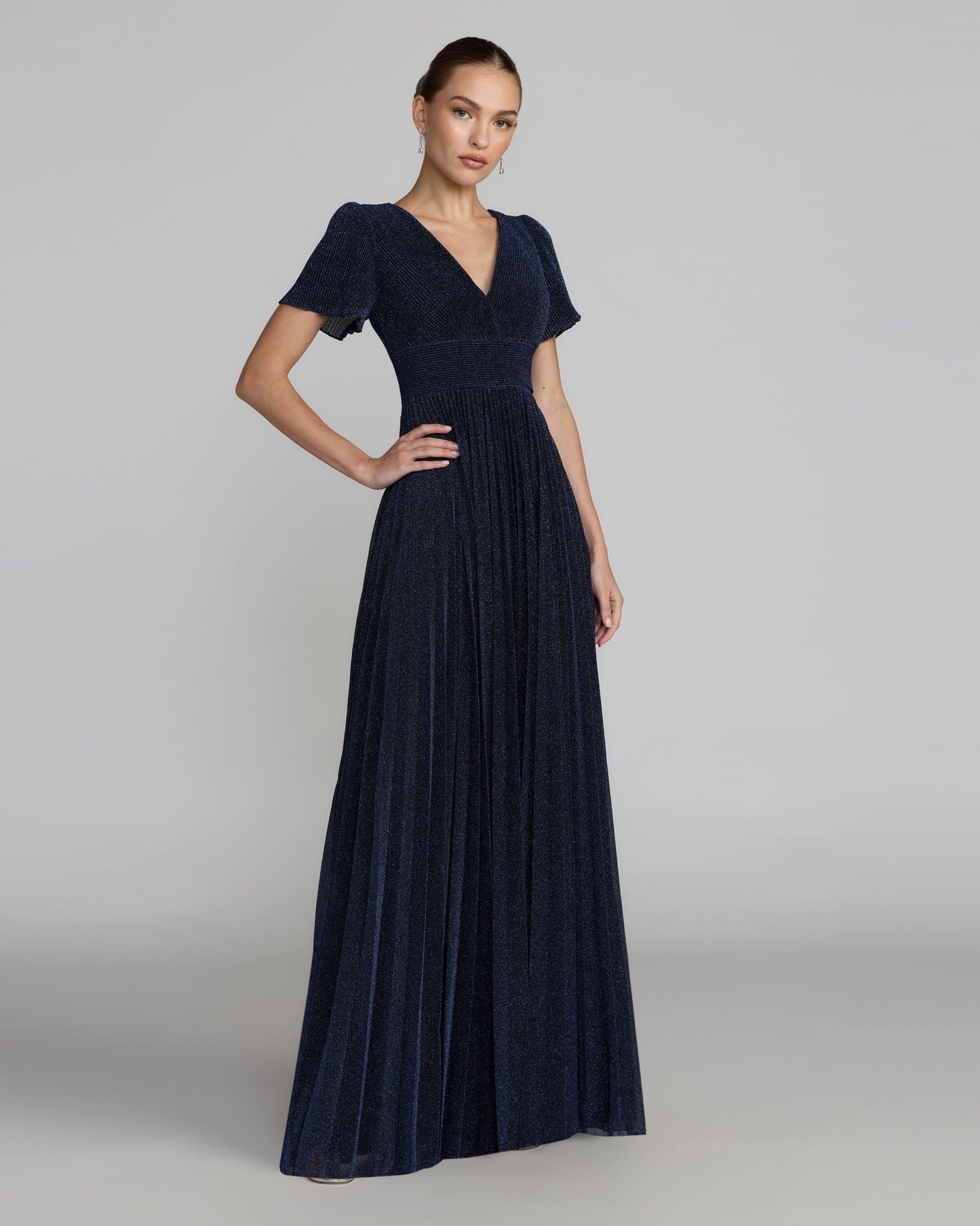 Petite Navy Pleated Metallic Flutter Sleeve A Line Gown
