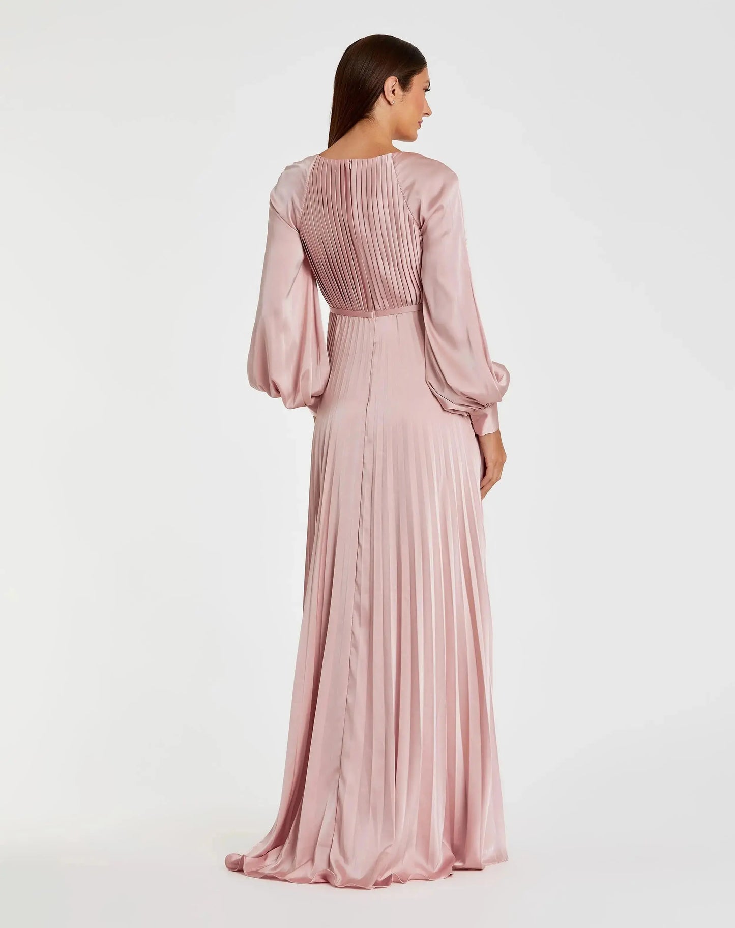 Petite Pink Pleated High Neck Raglan Long Sleeve Side Slit Gown