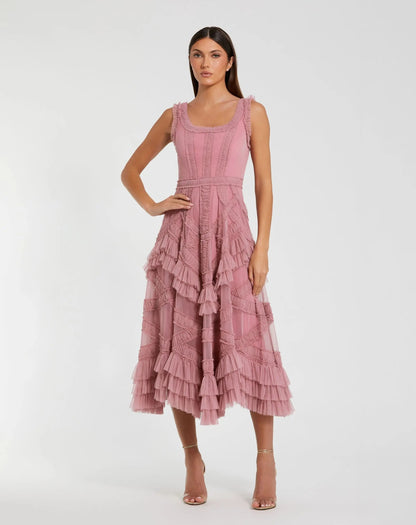Petite Pink Scoop Neck Sleeveless Micro Ruffle Midi Dress