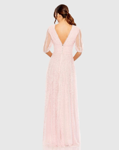 Pink V Neck Puff Sleeve Ruffle Tiered A Line Gown