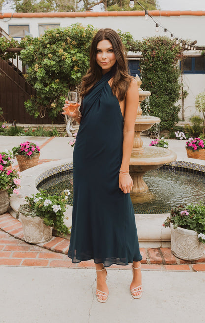 Jasmine Halter Midi Dress ~ Emerald Chiffon