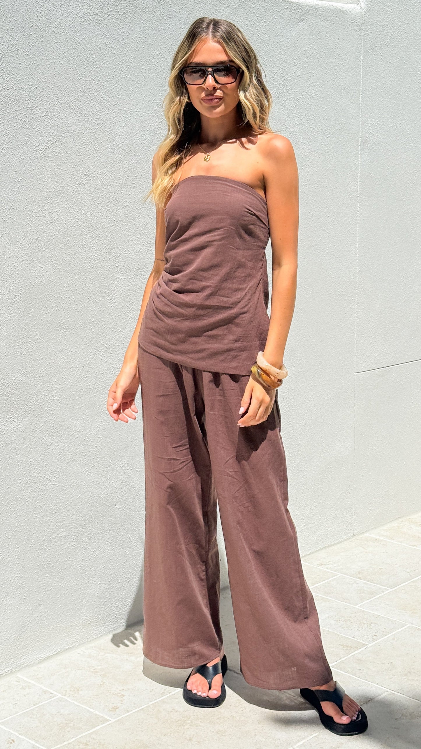 Yuki Strapless Top and Pants Set - Chocolate